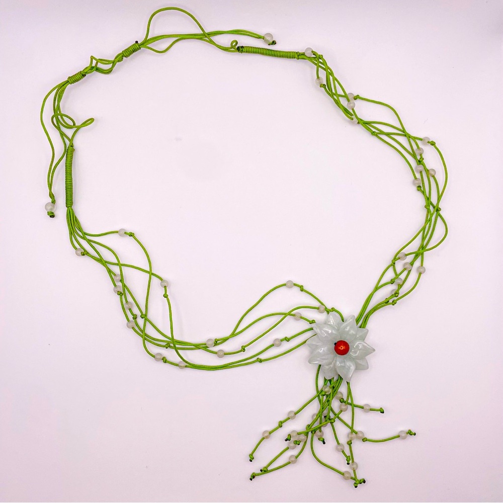 Jade Chrysanthemum Flower Pendant Necklace on Green Handwoven Cords
